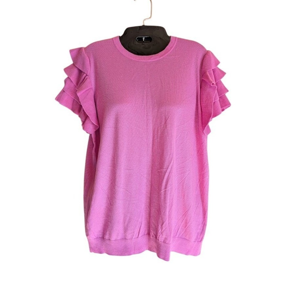 Neiman Marcus Ruffle Sleeve Knit Top XL Pink Silk Cashmere Romantic Luxury Cute
